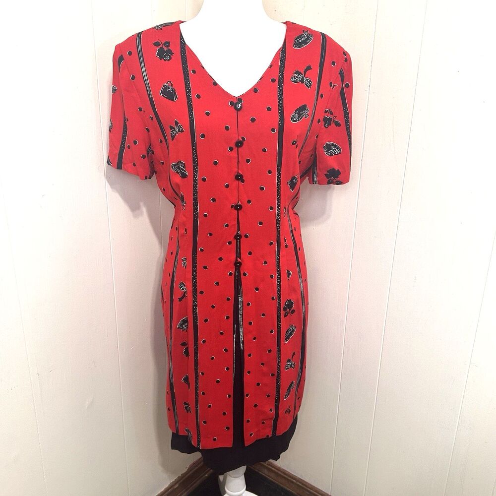 Vintage KC Spencer New York Womenโs Midi Dress Size 16 Red Polka Hats Flowers
